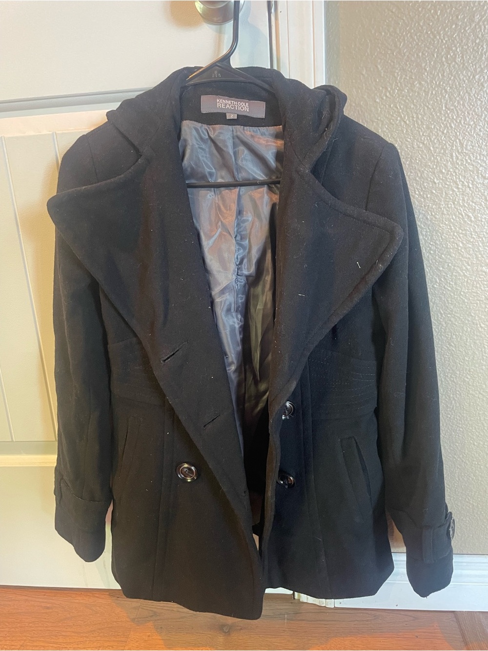Kenneth Cole Reaction Black Wool-Blend Hooded Peacoat